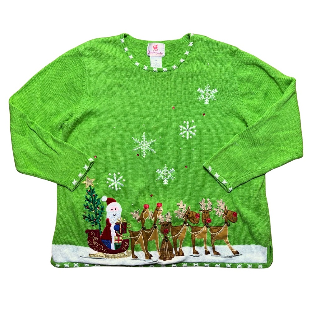 Quacker Factory Vintage Christmas Sweater 2X Embroidered LED Light Up Santa Xmas